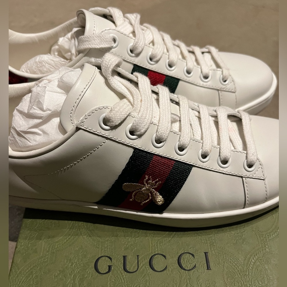 Gucci White Ace Sneakers with Red and Green Accents